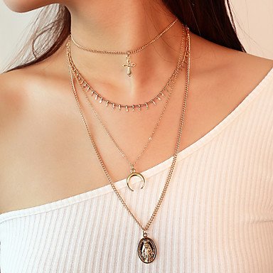 Women tiered pendant cross multi-layer necklace moon retro fashion