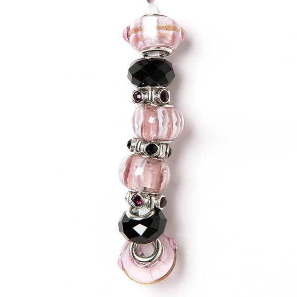 Fashion strung beads, pink black - 9PC