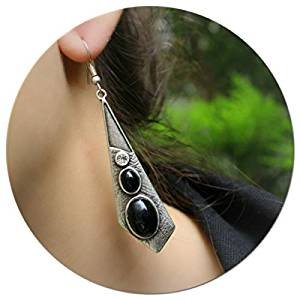 Antique silver Statement elegant retro retro drape unique teardrop earrings with black stones