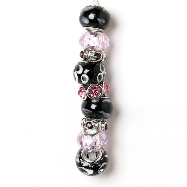 Fashion strung beads, pink black crystal 9PC